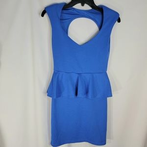 Poof Couture Blue Peplum Sleeveless Open Back V Neck Dress Size Small